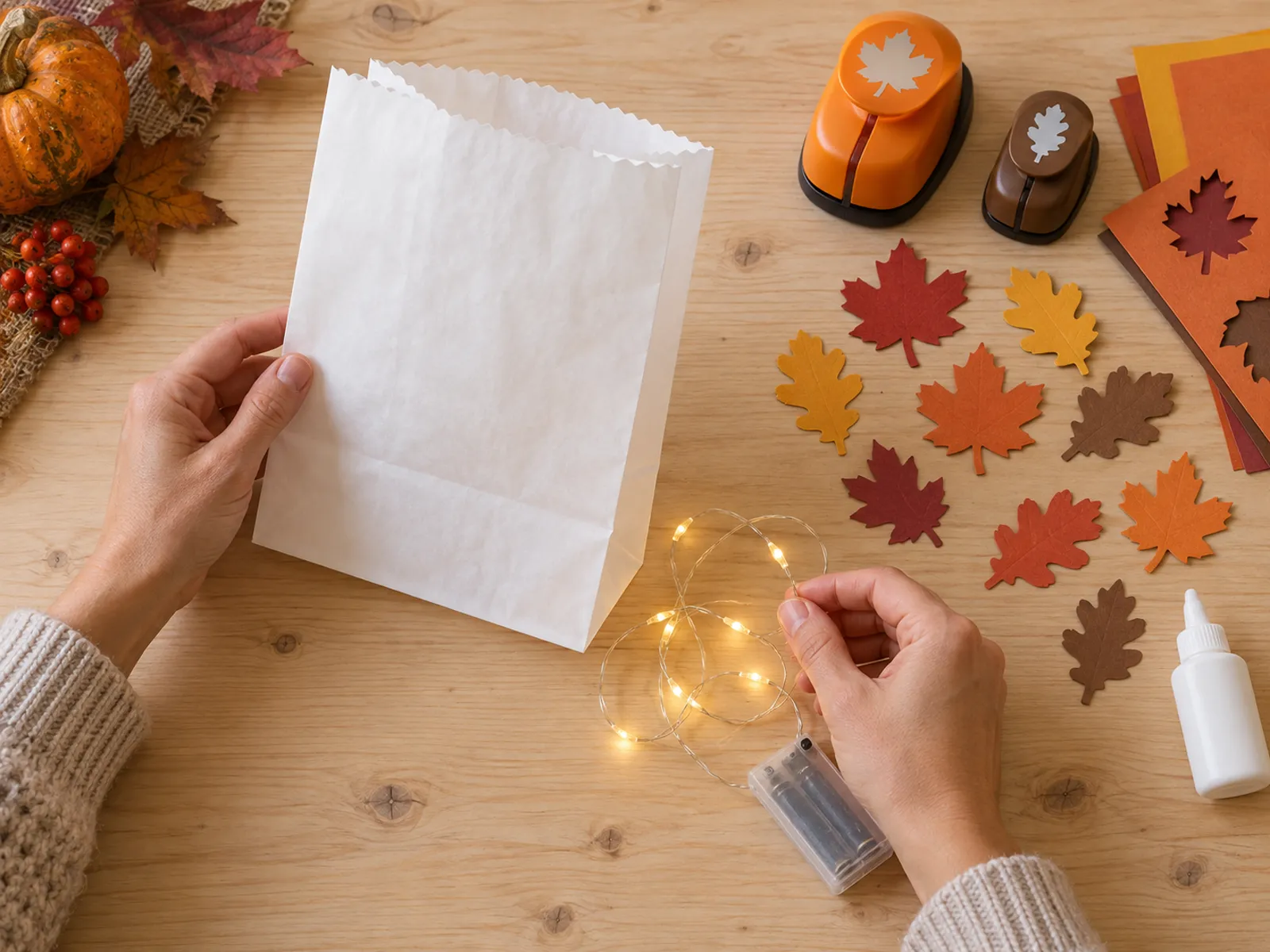 KI-generiertes Bild: Hände legen Papiertüte, LED-Lichterkette, Papierblätter und Stanzer auf einem Holztisch bereit