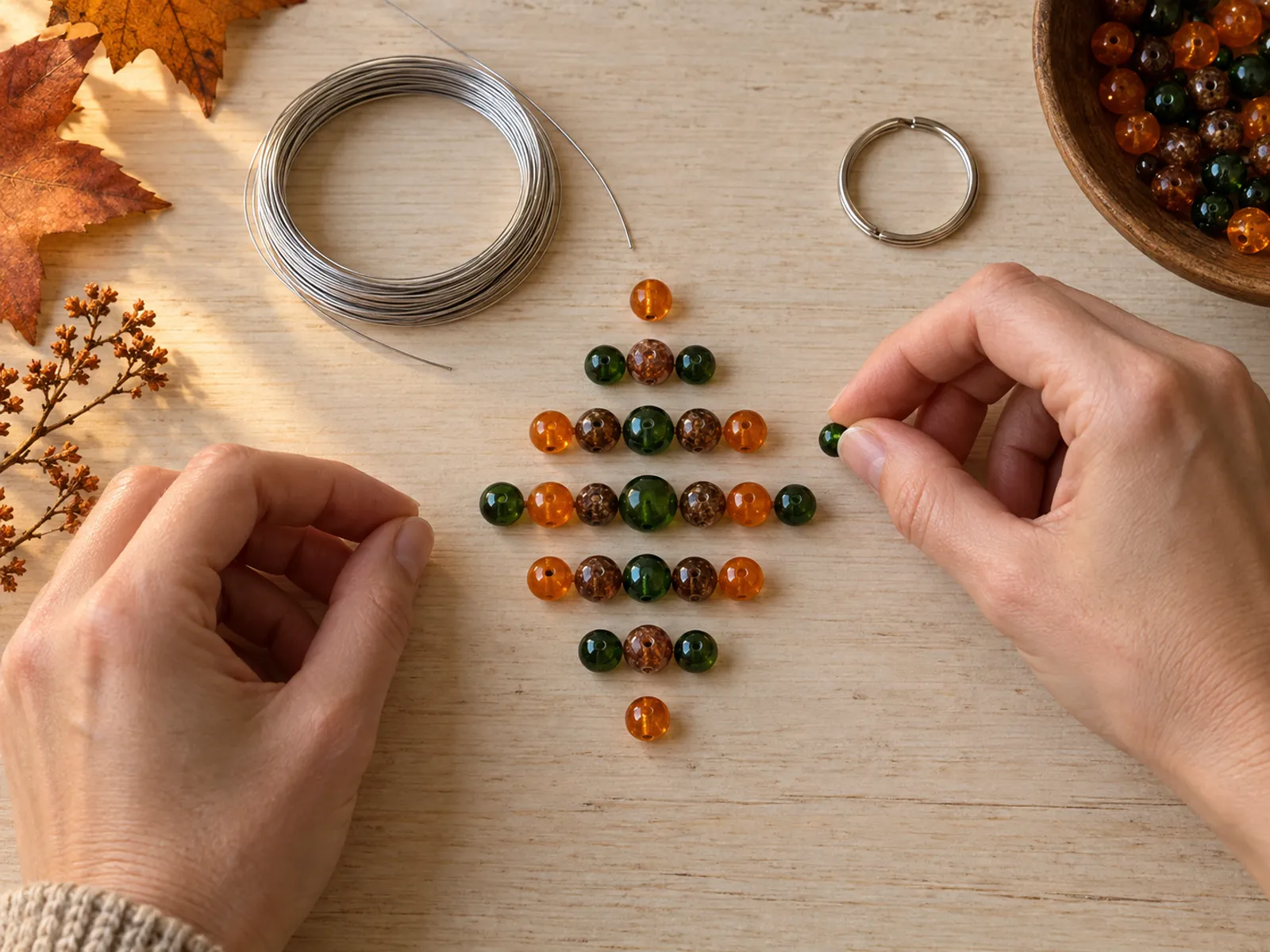 KI-generiertes Bild: Hände sortieren orange, braune und dunkelgrüne Glasperlen in sieben Reihen als Blattmuster