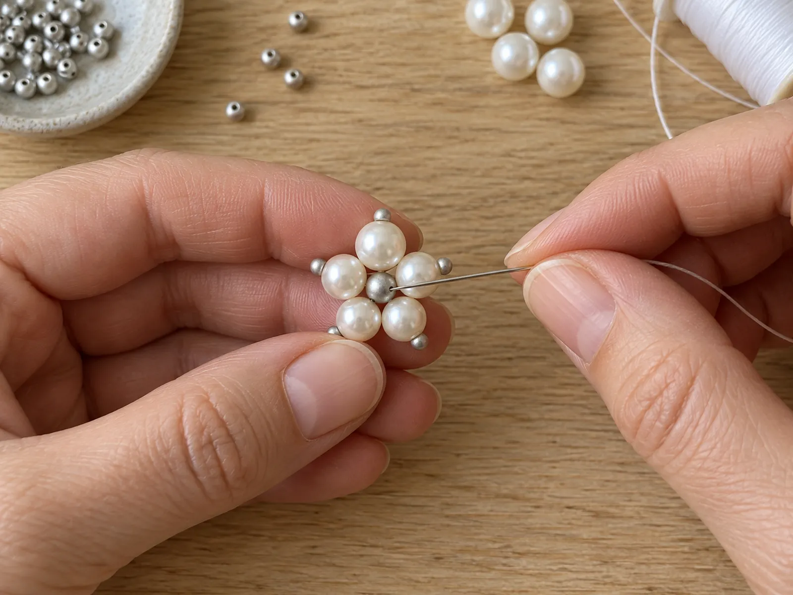 KI-generiertes Bild: Hände setzen eine mattsilberne 4-mm-Perle in die Mitte einer weißen Perlenblüte