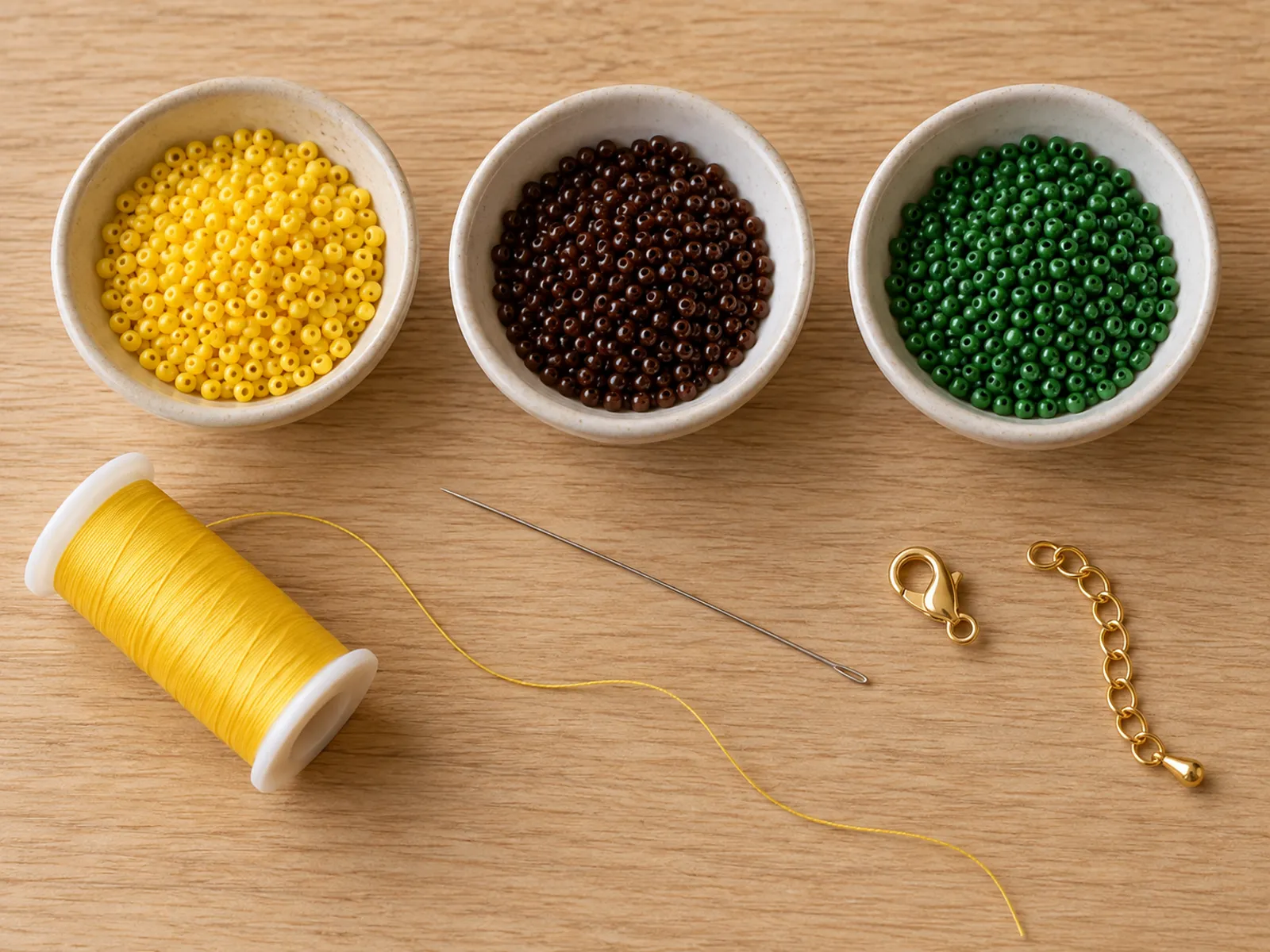 KI-generiertes Bild: gelbe, dunkelbraune und grüne Rocailles mit Nylonfaden, Nadel, Karabiner und Verlängerungskette