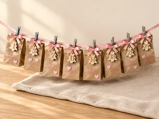 KI-generiertes Beispielbild: Papiertüten an rosa Satinband mit silbernen Mini-Klammern, Herzstempeln und Holzzahlen
