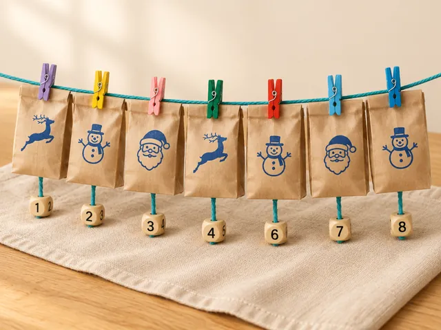 KI-generiertes Beispielbild: Papiertüten mit blauen Rentier-, Schneemann- und Nikolaus-Stempeln an türkiser Kordel mit bunten Klammern und Holzwürfel-Zahlen