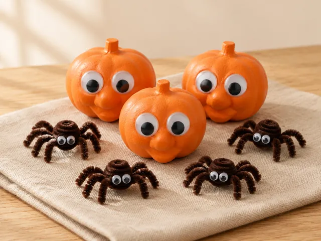 KI-generiertes Beispielbild: drei orange Styropor-Kürbisse mit Wackelaugen und braune Chenille-Spinnen