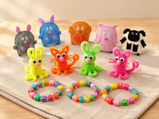 KI-generiertes Beispielbild: bunte Pfeifenputzer-Tiere mit Wackelaugen, rosa Pompons, Filztiere und bunte Perlenarmbänder