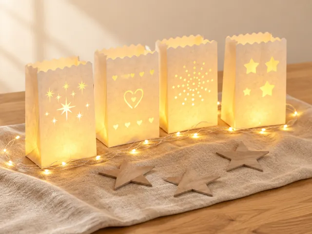 KI-generiertes Beispielbild: leuchtende weiße Lichttüten mit Ausschnitten, warmweiße Lichterkette und Holzsterne