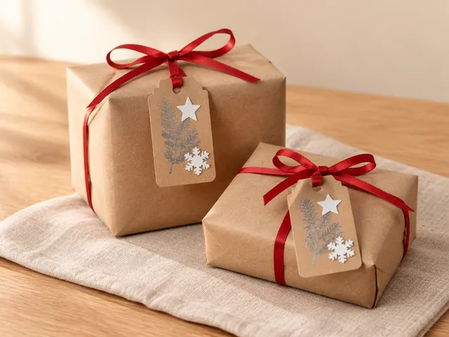 KI-generiertes Beispielbild: Kraftpapier-Anhänger mit silbernem Tannenzweig, weißen Sternen und Schneeflocken und rotem Satinband an Geschenken