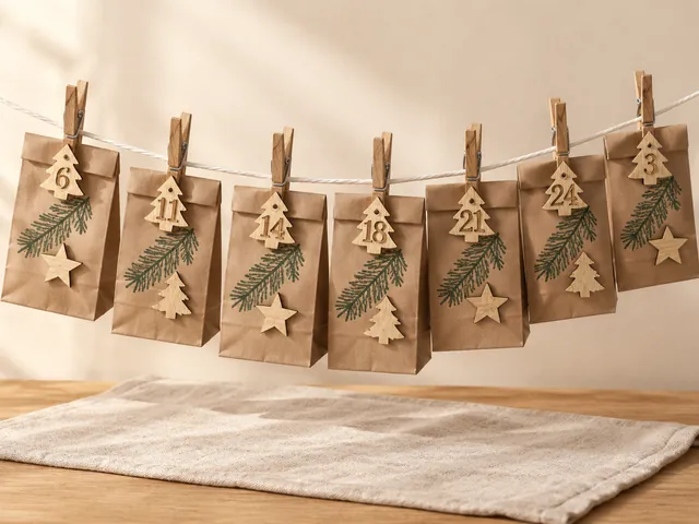 KI-generiertes Beispielbild: Kraftpapiertüten mit grünen Tannenzweig-Stempeln, Holzklammern, Holzsternen und Holzzahlen