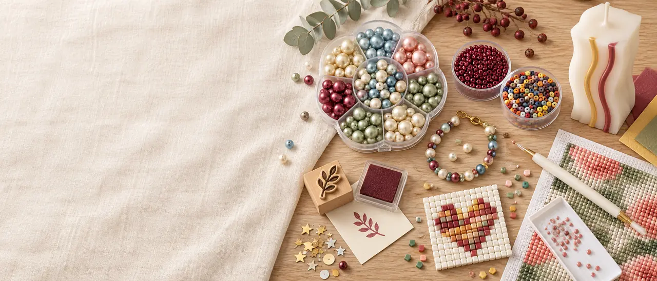KI-generiertes Bild: Flatlay auf hellem Holz und Leinen mit Perlen, Rocailles, Armband, Stempel, Kerze mit Wachsstreifen, Pailletten, Pixel-Herz und Diamond Painting